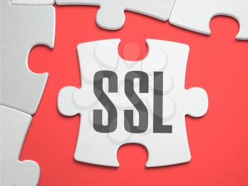 SSL - Secure Sockets Layer - Text on Puzzle on the Place of Missing Pieces. Scarlett Background. Closeup. 3d Illustration.