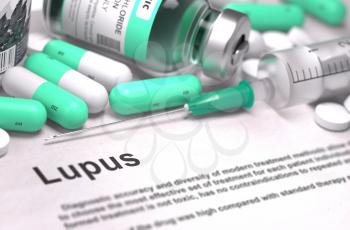 Lupus - Printed Diagnosis with Mint Green Pills, Injections and Syringe. Medical Concept with Selective Focus. 3D Render.
