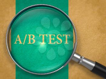 AB Test through Magnifying Glass on Old Paper with Blue Vertical Line Background. 3D Render.