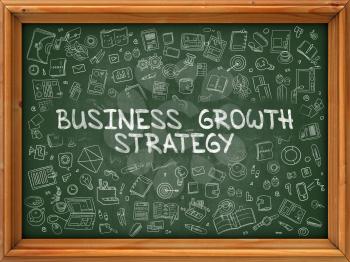 Green Chalkboard with Hand Drawn Business Growth Strategy with Doodle Icons Around. Line Style Illustration.