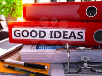 Good Ideas - Red Office Folder on Background of Working Table with Stationery and Laptop. Good Ideas Business Concept on Blurred Background. Good Ideas Toned Image. 3D.