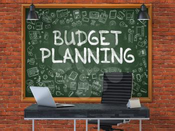 Hand Drawn Budget Planning on Green Chalkboard. Modern Office Interior. Red Brick Wall Background. Business Concept with Doodle Style Elements. 3D.