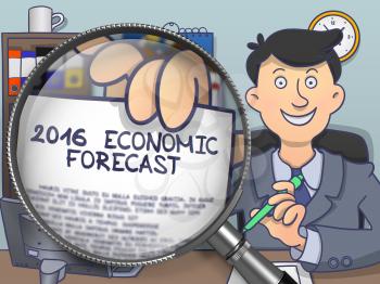 2016 Economic Forecast on Paper in Man's Hand to Illustrate a Business Concept. Closeup through Magnifier. Colored Modern Line Illustration in Doodle Style.