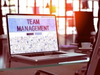 Team Management Concept Closeup on Landing Page of Laptop Screen in Modern Office Workplace. Toned Image with Selective Focus. 3D Render.