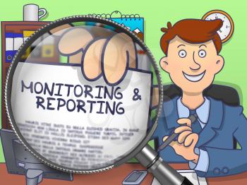 Monitoring & Reporting on Paper in Officeman's Hand through Magnifier to Illustrate a Business Concept. Colored Doodle Illustration.