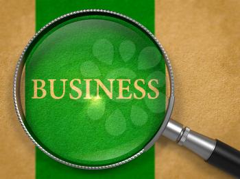 Business through Magnifying Glass on Old Paper with Green Vertical Line Background. 3D Render.
