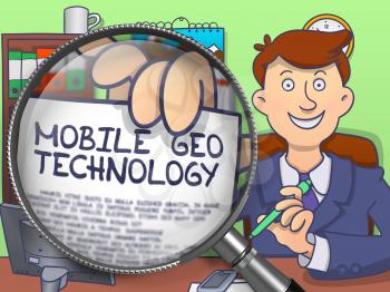 Mobile Geo Technology on Paper in Businessman's Hand through Magnifier to Illustrate a Business Concept. Colored Modern Line Illustration in Doodle Style.