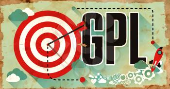 GPL - General Public License - Concept on Old Poster in Flat Design with Red Target, Rocket and Arrow. Business Concept.