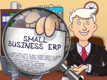 Small Business Erp. Smiling Man Welcomes in Office and Showing Paper with Text through Magnifier. Colored Doodle Style Illustration.