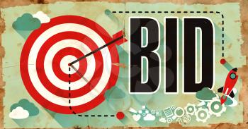 Bid Concept on Old Poster in Flat Design with Red Target, Rocket and Arrow. 