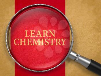 Learn Chemistry Concept through Magnifier on Old Paper with Dark Red Vertical Line Background. 3D Render.