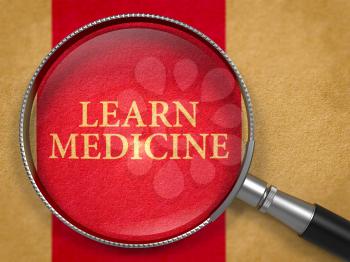 Learn Medicine Concept through Magnifier on Old Paper with Dark Red Vertical Line Background. 3D Render.