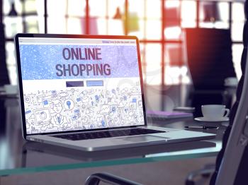 Online Shopping Concept. Closeup Landing Page on Laptop Screen in Doodle Design Style. On Background of Comfortable Working Place in Modern Office. Blurred, Toned Image. 3D Render.