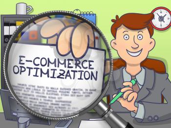 E-Commerce Optimization. Happy Man in Office Showing Paper with Concept through Magnifying Glass. Multicolor Doodle Illustration.