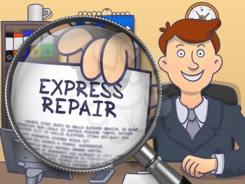 Man Holding a Concept on Paper Express Repair. Closeup View through Magnifier. Colored Doodle Illustration.