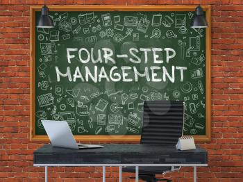 Green Chalkboard with the Text Four-Step Management Hangs on the Red Brick Wall in the Interior of a Modern Office. Illustration with Doodle Style Elements. 3D.