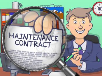 Maintenance Contract. Businessman Holding a Paper with Concept through Magnifying Glass. Multicolor Doodle Illustration.