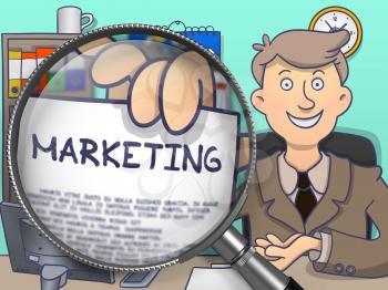 Marketing. Business Man Showing a Paper with Text through Magnifier. Colored Modern Line Illustration in Doodle Style.