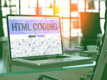 HTML Coding Concept. Closeup Landing Page on Laptop Screen in Doodle Design Style. On Background of Comfortable Working Place in Modern Office. Blurred, Toned Image. 3D Render.