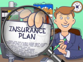 Insurance Plan. Man Welcomes in Office and Holds Out a through Magnifier Concept on Paper. Colored Doodle Style Illustration.