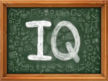 IQ - Intelligence Quotient - Concept. Line Style Illustration. IQ - Intelligence Quotient -Handwritten on Green Chalkboard with Doodle Icons Around. Doodle Design Style of  IQ- Intelligence Quotient.