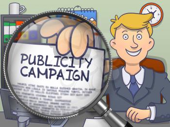 Officeman in Office Showing Paper with Text Publicity Campaign. Closeup View through Magnifier. Multicolor Doodle Style Illustration.
