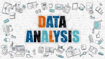 Data Analysis - Multicolor Concept with Doodle Icons Around on White Brick Wall Background. Modern Illustration with Elements of Doodle Design Style.
