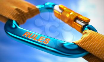 Blue Carabiner between Orange Ropes on Sky Background, Symbolizing the Rules. Selective Focus. 3D Render.
