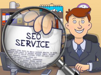 SEO Service. Officeman Welcomes in Office and Showing through Lens Paper with Text. Colored Modern Line Illustration in Doodle Style.