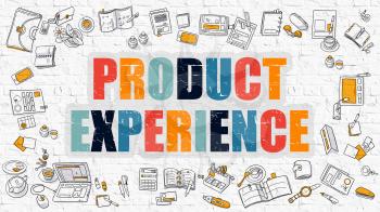 Product Experience Concept. Modern Line Style Illustration. Multicolor Product Experience Drawn on White Brick Wall. Doodle Icons. Doodle Design Style of  Product Experience  Concept.