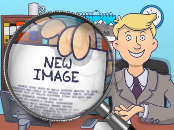 Man Shows Paper with Text New Image. Closeup View through Magnifying Glass. Multicolor Modern Line Illustration in Doodle Style.