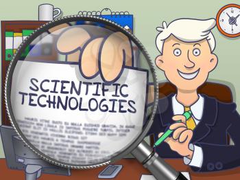 Scientific Technologies. Business Man Holding a Paper with Text through Magnifier. Multicolor Doodle Illustration.