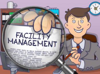 Facility Management. Man Sitting in Office and Shows through Magnifying Glass Concept on Paper. Multicolor Doodle Style Illustration.