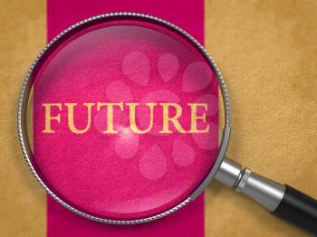 Future through Magnifying Glass on Old Paper with Lilac Vertical Line Background. 3D Render.
