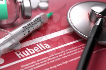 Rubella - Printed Diagnosis on Red Background with Blurred Text and Composition of Pills, Syringe and Stethoscope. Medical Concept. Selective Focus. 3D Render. 