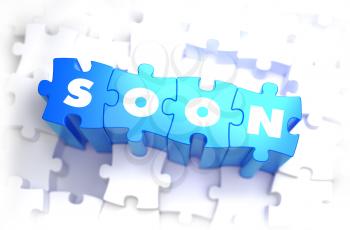 Soon - White Word on Blue Puzzles on White Background. 3D Render. 