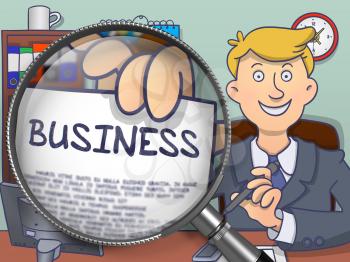 Business on Paper in Businessman's Hand through Magnifier to Illustrate a Business Concept. Multicolor Doodle Illustration.
