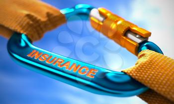 Strong Connection between Blue Carabiner and Two Orange Ropes Symbolizing the Insurance. Selective Focus. 3D Render.