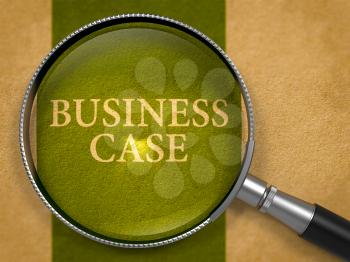 Business Case through Lens on Old Paper with Dark Green Vertical Line Background. 3D Render.