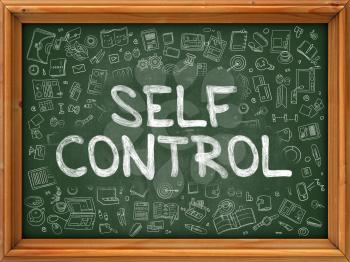 Self Control Concept. Modern Line Style Illustration. Self Control Handwritten on Green Chalkboard with Doodle Icons Around. Doodle Design Style of Self Control Concept.