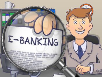Officeman in Suit Looking at Camera and Showing a Concept on Paper E-Banking Concept through Magnifying Glass. Closeup View. Multicolor Doodle Illustration.