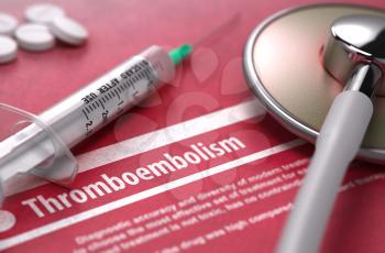 Thromboembolism - Medical Concept on Red Background with Blurred Text and Composition of Pills, Syringe and Stethoscope. 3D Render.