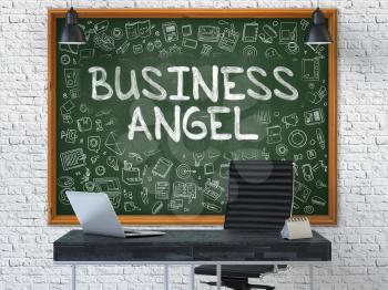 Business Angel - Hand Drawn on Green Chalkboard in Modern Office Workplace. Illustration with Doodle Design Elements. 3D.