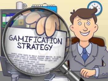 Gamification Strategy through Magnifier. Man Holding a Paper with Concept. Closeup View. Multicolor Doodle Style Illustration.