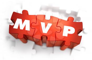 MVP - Minimum Vable Product - White Word on Red Puzzles on White Background. 3D Render. 