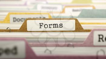 Forms on Business Folder in Multicolor Card Index. Closeup View. Blurred Image. 3D Render.