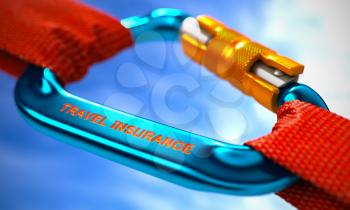 Red Ropes Connected by Blue Carabiner Hook with Text Travel Insurance. Selective Focus. 3D Render.