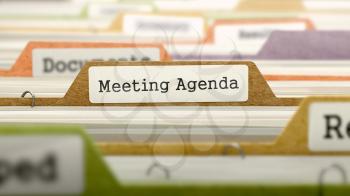 Meeting Agenda Concept on Folder Register in Multicolor Card Index. Closeup View. Selective Focus. 3D Render.