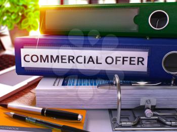 Commercial Offer - Blue Office Folder on Background of Working Table with Stationery and Laptop. Commercial Offer Business Concept on Blurred Background. Commercial Offer Toned Image. 3D.