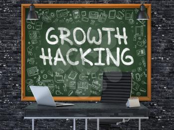 Hand Drawn Growth Hacking on Green Chalkboard. Modern Office Interior. Dark Brick Wall Background. Business Concept with Doodle Style Elements. 3D.